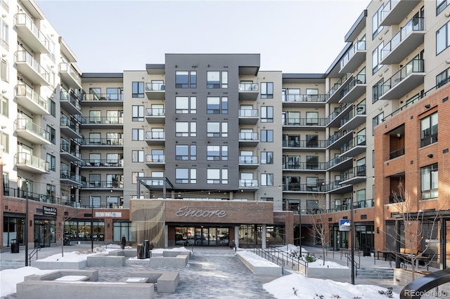 view of snow covered building