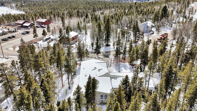 snowy aerial view featuring a view of trees