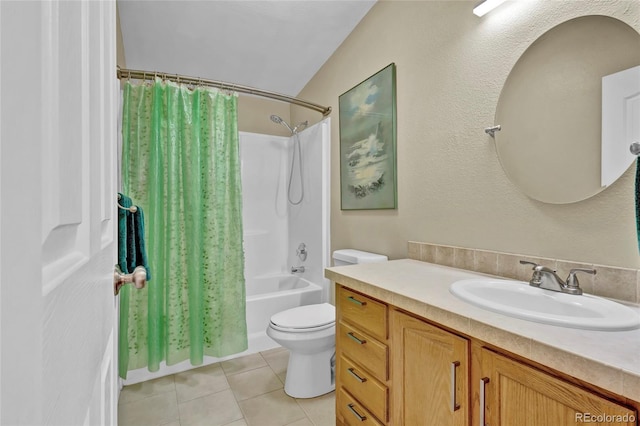 full bath featuring shower / bath combo with shower curtain, vanity, toilet, and tile patterned floors