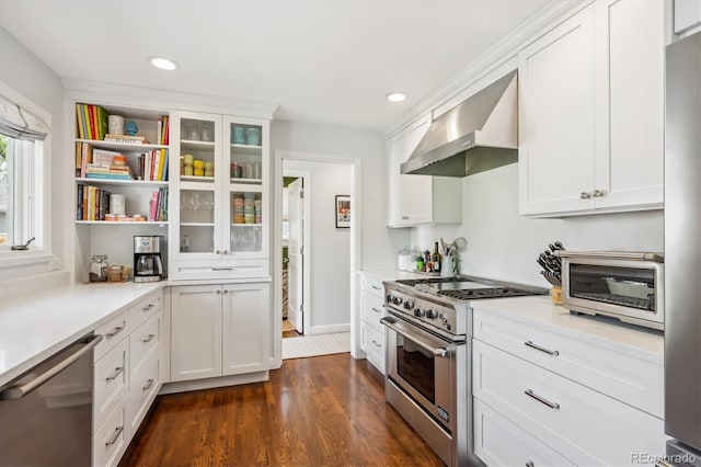 225 N Ivanhoe St, Denver, CO 80220 - kitchen featuring ventilation hood, appliances with stainless steel finishes, white cabinets, light countertops, and recessed lighting