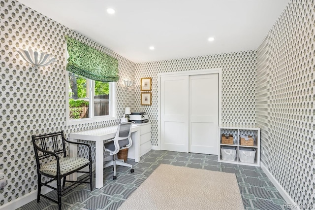 225 N Ivanhoe St, Denver, CO 80220 - office with wallpapered walls, baseboards, and recessed lighting
