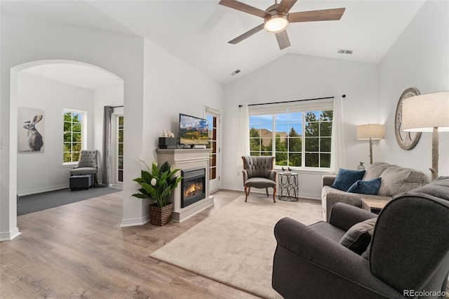 10760 Eliot Cir Unit 204, Denver, CO 80234 - living area with arched walkways, plenty of natural light, a ceiling fan, lofted ceiling, and a glass covered fireplace