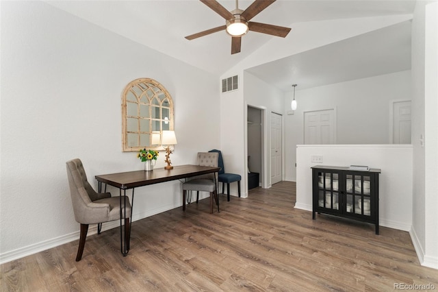 10760 Eliot Cir Unit 204, Denver, CO 80234 - dining area with a ceiling fan, wood finished floors, and high vaulted ceiling