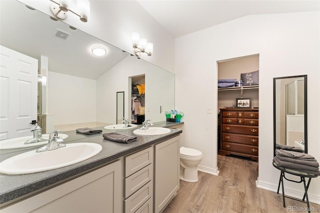 10760 Eliot Cir Unit 204, Denver, CO 80234 - full bathroom with lofted ceiling, wood finished floors, double vanity, and a walk in closet