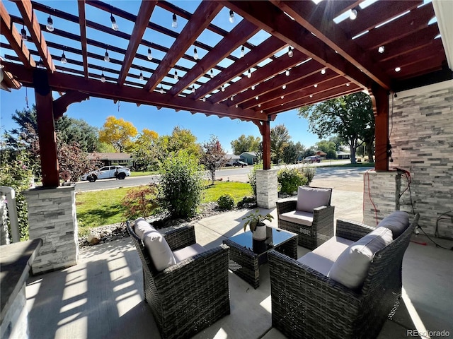 view of patio / terrace featuring an outdoor hangout area and a pergola