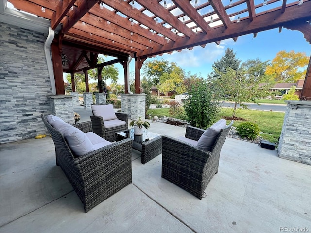 view of patio with an outdoor hangout area and a pergola