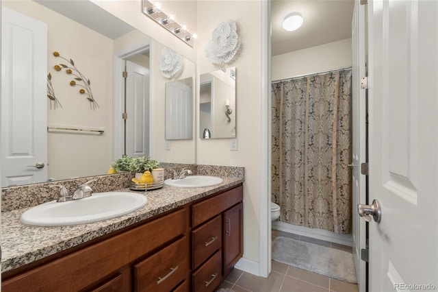5615 Clover Ridge Cir, Castle Rock, CO 80104 - full bathroom featuring tile patterned flooring, double vanity, and a shower with shower curtain