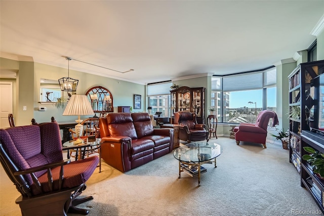 living room with ornamental molding and carpet flooring