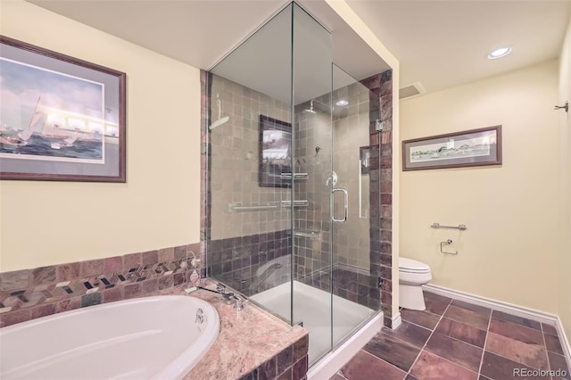 full bath featuring toilet, a stall shower, tile patterned flooring, and a bath