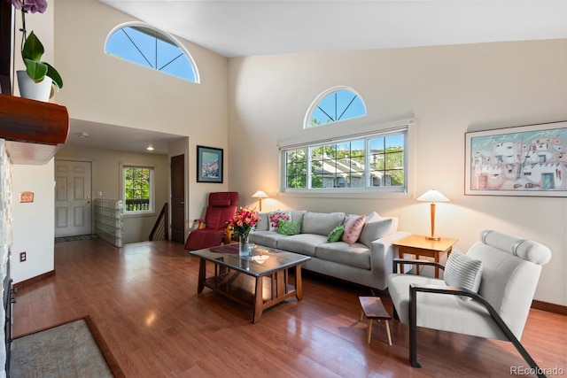 1470 S Quebec Way Unit 245, Denver, CO 80231 - living area with healthy amount of natural light, wood finished floors, a towering ceiling, and baseboards