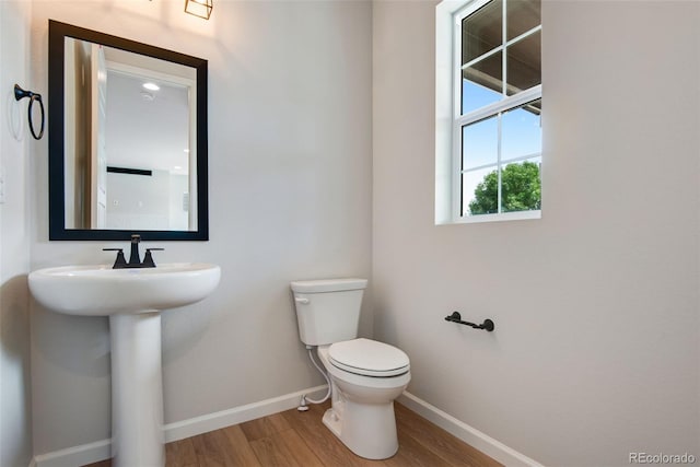 bathroom with toilet and hardwood / wood-style floors