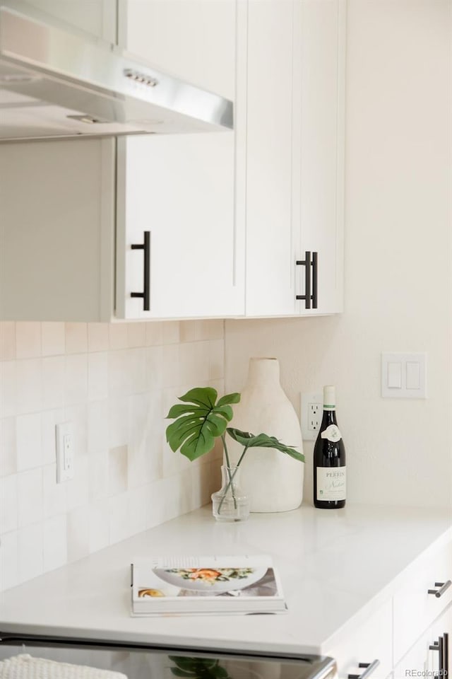930 S Lowell Blvd, Denver, CO 80219 - kitchen featuring under cabinet range hood, light countertops, tasteful backsplash, and white cabinetry