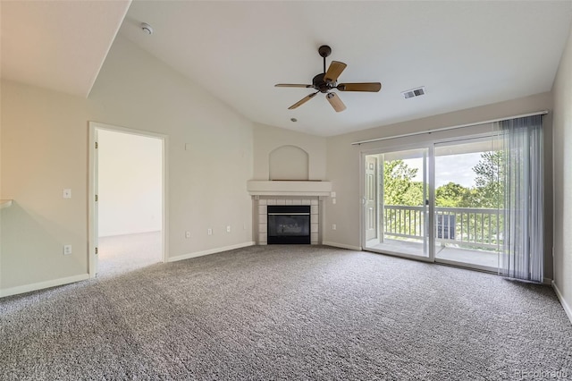 3375 Boulder Cir Unit 204, Broomfield, CO 80023 - unfurnished living room with carpet flooring, a ceiling fan, lofted ceiling, a fireplace, and baseboards