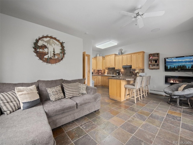 23076 Oehlmann Park Rd, Conifer, CO 80433 - living room featuring stone tile floors, a ceiling fan, baseboard heating, and a glass covered fireplace