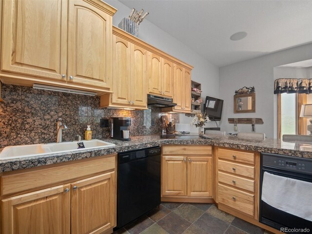 23076 Oehlmann Park Rd, Conifer, CO 80433 - kitchen with black appliances, tile counters, light brown cabinetry, and under cabinet range hood