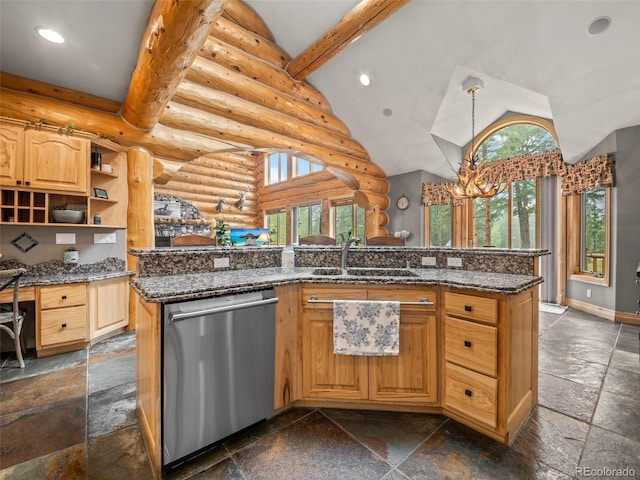 23076 Oehlmann Park Rd, Conifer, CO 80433 - kitchen featuring stainless steel dishwasher, stone tile flooring, open shelves, recessed lighting, and log walls
