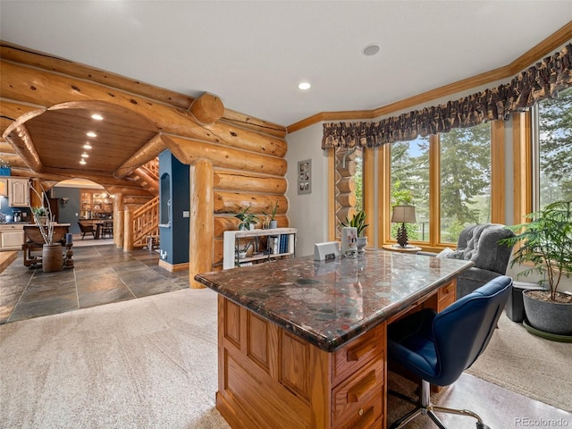 23076 Oehlmann Park Rd, Conifer, CO 80433 - office featuring arched walkways, log walls, recessed lighting, dark stone finish flooring, and crown molding