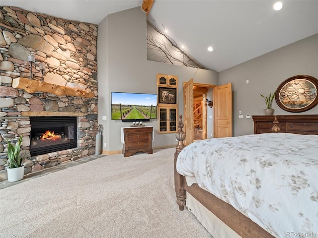 23076 Oehlmann Park Rd, Conifer, CO 80433 - bedroom featuring carpet, a fireplace, recessed lighting, and high vaulted ceiling
