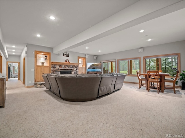 23076 Oehlmann Park Rd, Conifer, CO 80433 - carpeted living area featuring recessed lighting and a fireplace