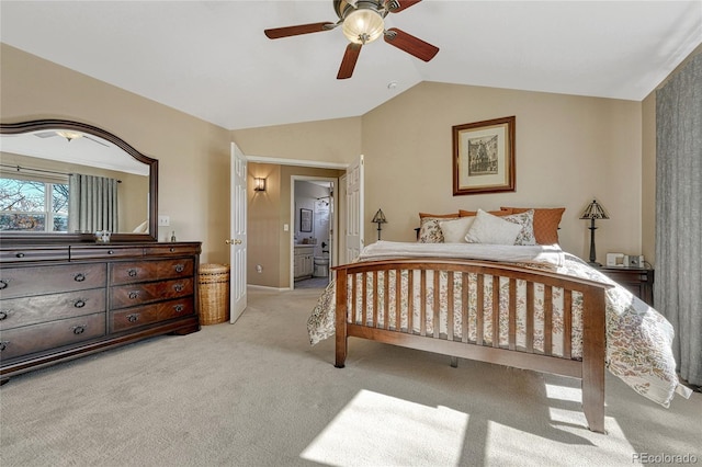 bedroom with a ceiling fan, carpet flooring, and vaulted ceiling