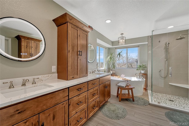 bathroom featuring a textured ceiling, a stall shower, a soaking tub, and a sink