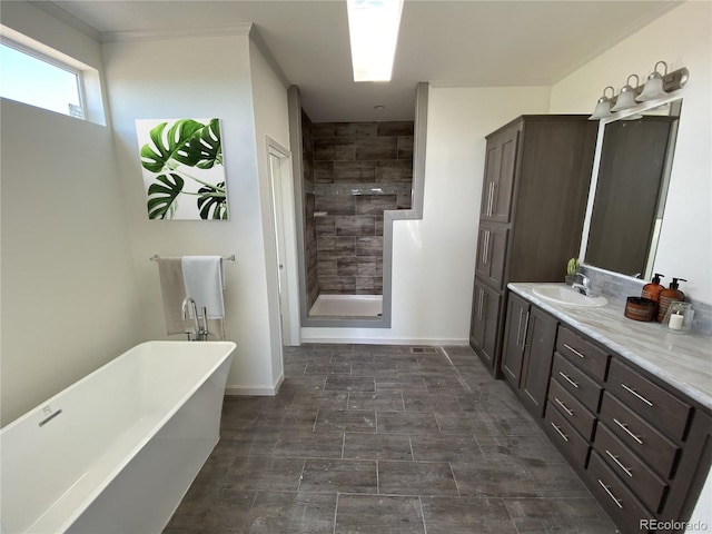 bathroom with plus walk in shower and vanity