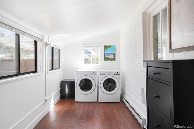3521 W 40th Ave, Denver, CO 80211 - laundry room with a baseboard radiator, independent washer and dryer, and dark wood-type flooring