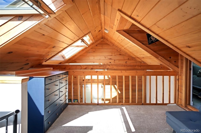 3521 W 40th Ave, Denver, CO 80211 - additional living space with a skylight, wood ceiling, lofted ceiling, wood walls, and carpet flooring
