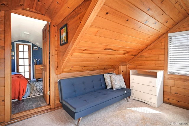 3521 W 40th Ave, Denver, CO 80211 - sitting room featuring vaulted ceiling, carpet flooring, wooden walls, and wood ceiling