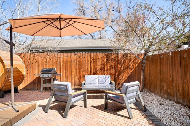 3521 W 40th Ave, Denver, CO 80211 - fenced backyard with a patio area, outdoor lounge area, and grilling area