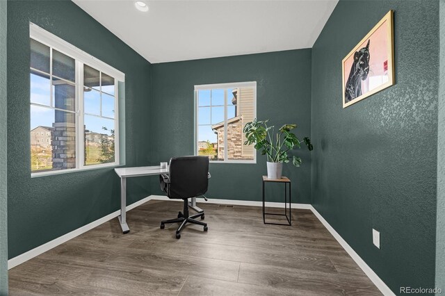 118 N Newcastle Way, Aurora, CO 80018 - office space featuring wood finished floors, baseboards, recessed lighting, and a textured wall