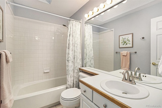 full bathroom with vanity, shower / bathtub combination with curtain, and toilet