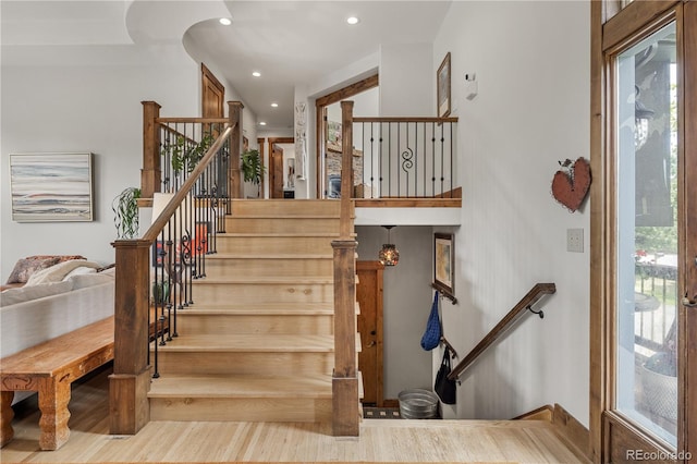 1654 Muirfield Ln, Evergreen, CO 80439 - stairway featuring recessed lighting and wood finished floors
