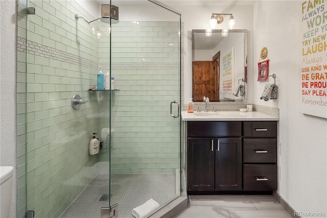 1654 Muirfield Ln, Evergreen, CO 80439 - bathroom featuring tile patterned flooring, vanity, a shower stall, and toilet