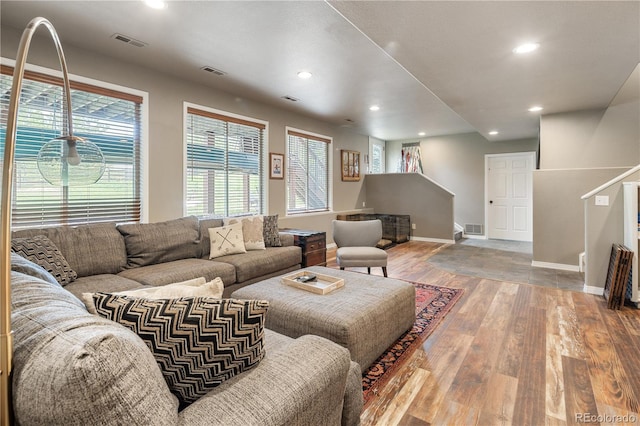 1654 Muirfield Ln, Evergreen, CO 80439 - living room featuring wood-type flooring, recessed lighting, stairway, and baseboards