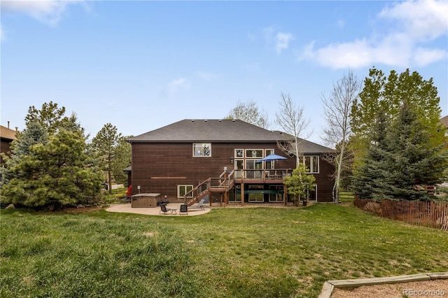 1654 Muirfield Ln, Evergreen, CO 80439 - back of property featuring a patio area, stairway, a wooden deck, and roof with shingles