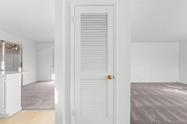 interior space featuring carpet flooring and a textured ceiling