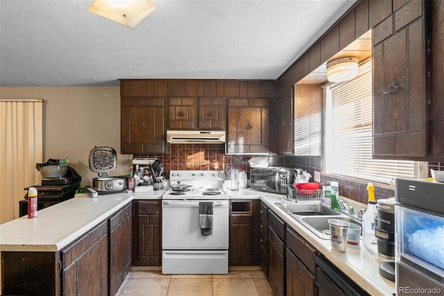 kitchen with tasteful backsplash, dark brown cabinetry, white electric stove, and sink