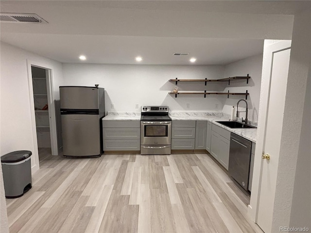 kitchen with a sink, stainless steel appliances, gray cabinets, open shelves, and visible vents