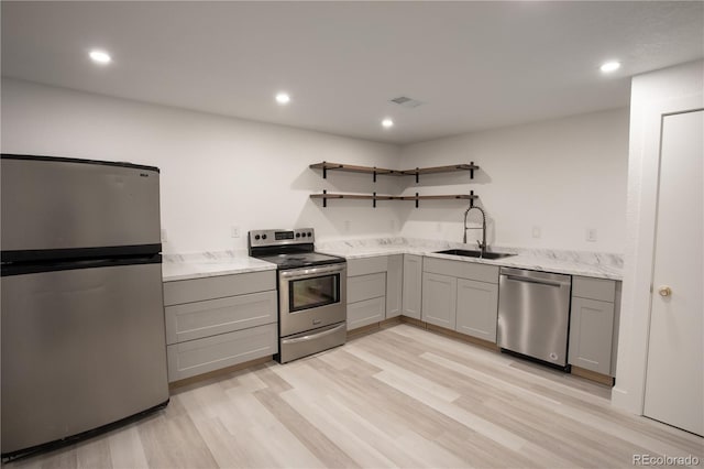 201 Monmouth Ave, Firestone, CO 80520 - kitchen featuring appliances with stainless steel finishes, a sink, gray cabinets, open shelves, and light wood-style flooring