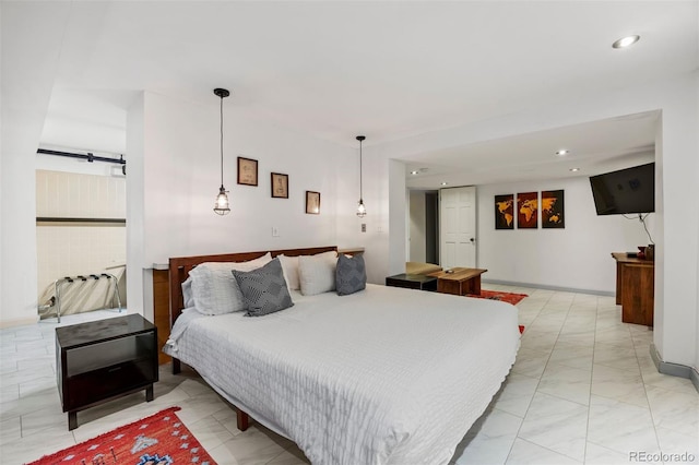 1437 Columbine St, Denver, CO 80206 - bedroom featuring a barn door, light marble finish flooring, and recessed lighting