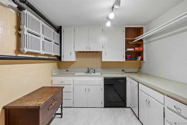 1437 Columbine St, Denver, CO 80206 - kitchen with black dishwasher, a sink, open shelves, white cabinetry, and tile walls