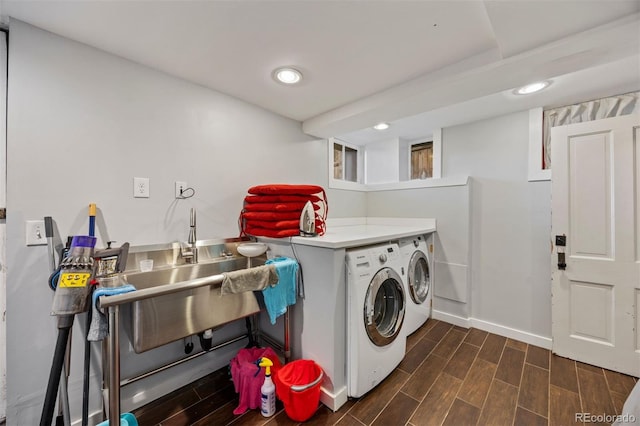1437 Columbine St, Denver, CO 80206 - laundry room with separate washer and dryer, dark wood-type flooring, recessed lighting, and baseboards