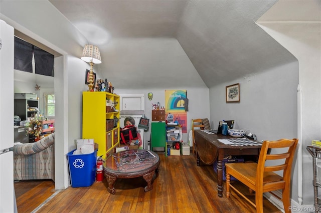 1437 Columbine St, Denver, CO 80206 - dining space featuring hardwood / wood-style flooring, vaulted ceiling, and an office area