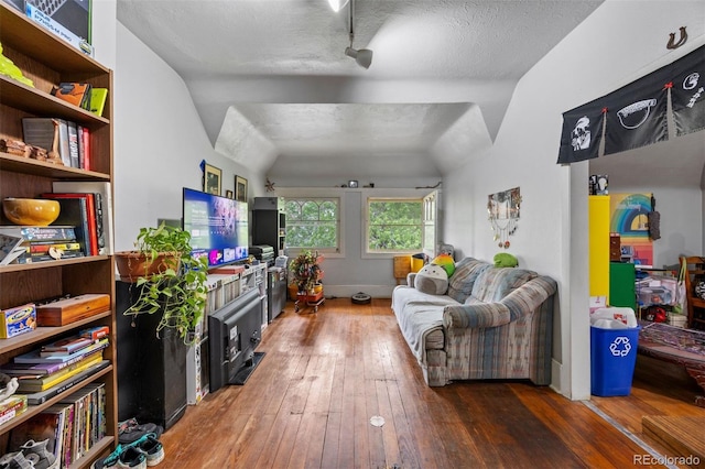 1437 Columbine St, Denver, CO 80206 - living room with lofted ceiling, wood-type flooring, and a textured ceiling