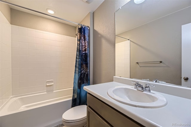 21751 E 7th, Aurora, CO 80018 - full bath with vanity, shower / bathtub combination with curtain, and a textured wall