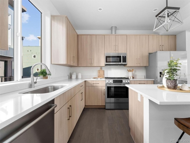 kitchen with appliances with stainless steel finishes, light brown cabinetry, sink, and dark hardwood / wood-style flooring