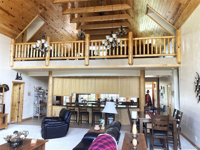 living room with an inviting chandelier, wooden ceiling, and high vaulted ceiling