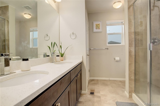 full bathroom featuring a wealth of natural light, a stall shower, visible vents, and a sink