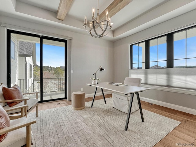 office area with beamed ceiling, visible vents, a notable chandelier, light wood finished floors, and baseboards